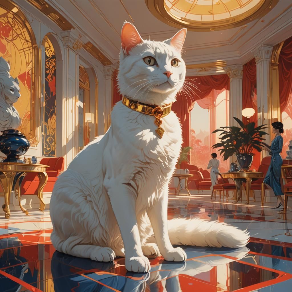 Elegant Cat in Red Mansion, Dreamy Digital Art