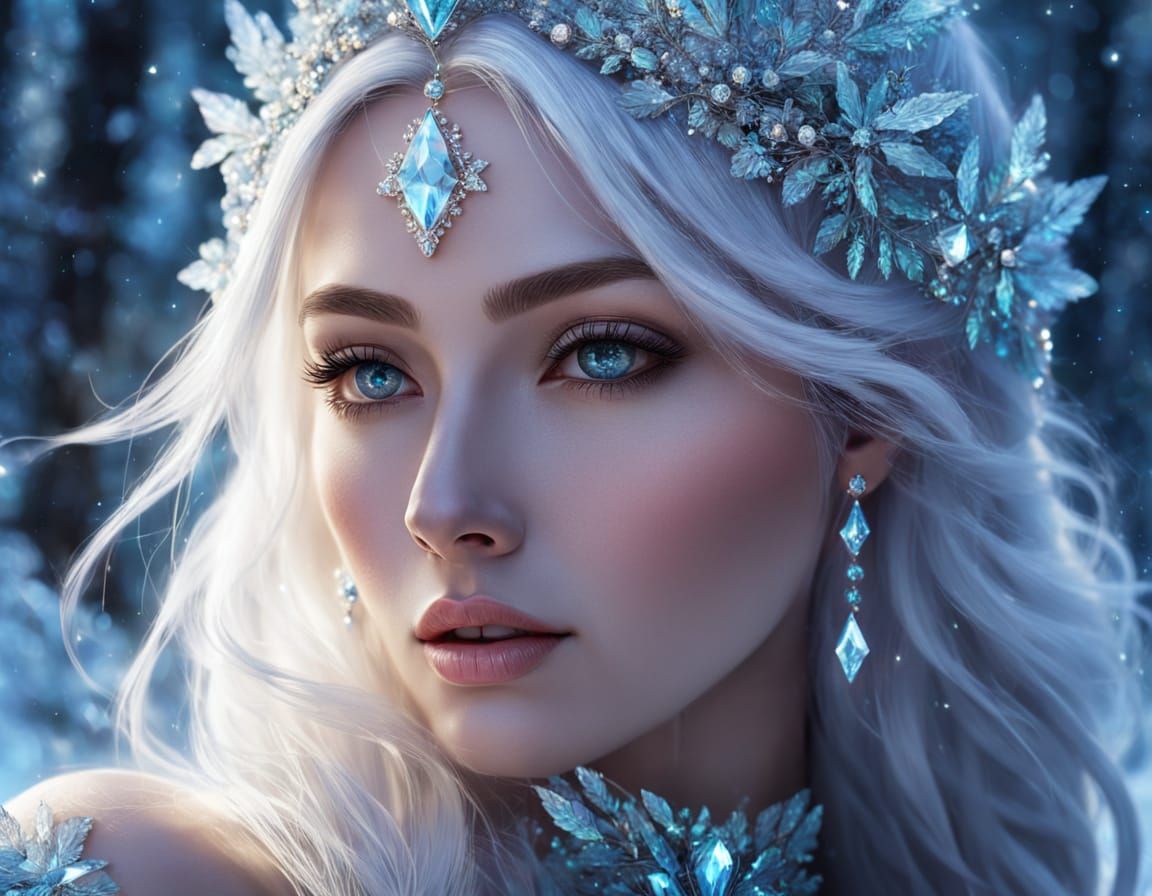 Diamond Woman in Ethereal Snow Forest: Fantasy Art