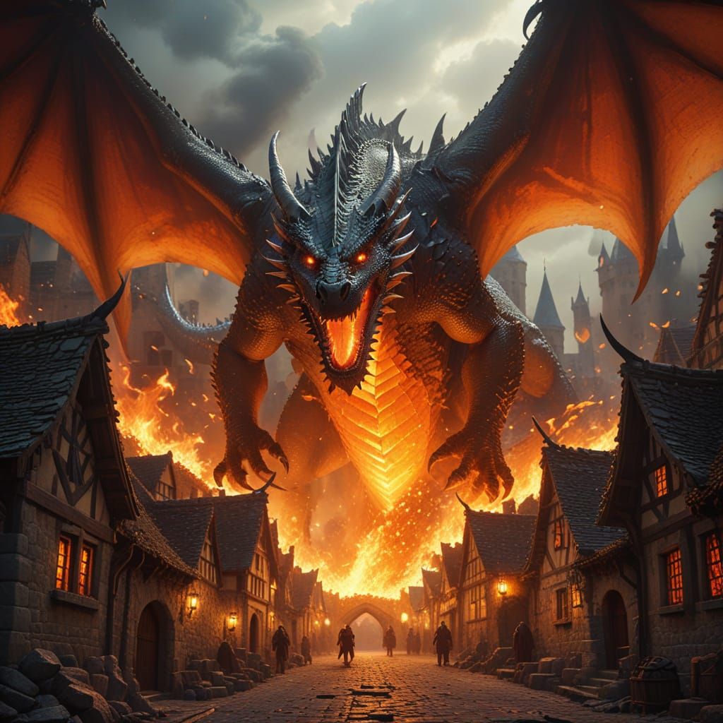 Dragon Unleashes Inferno on Medieval Village in Vibrant Fant...