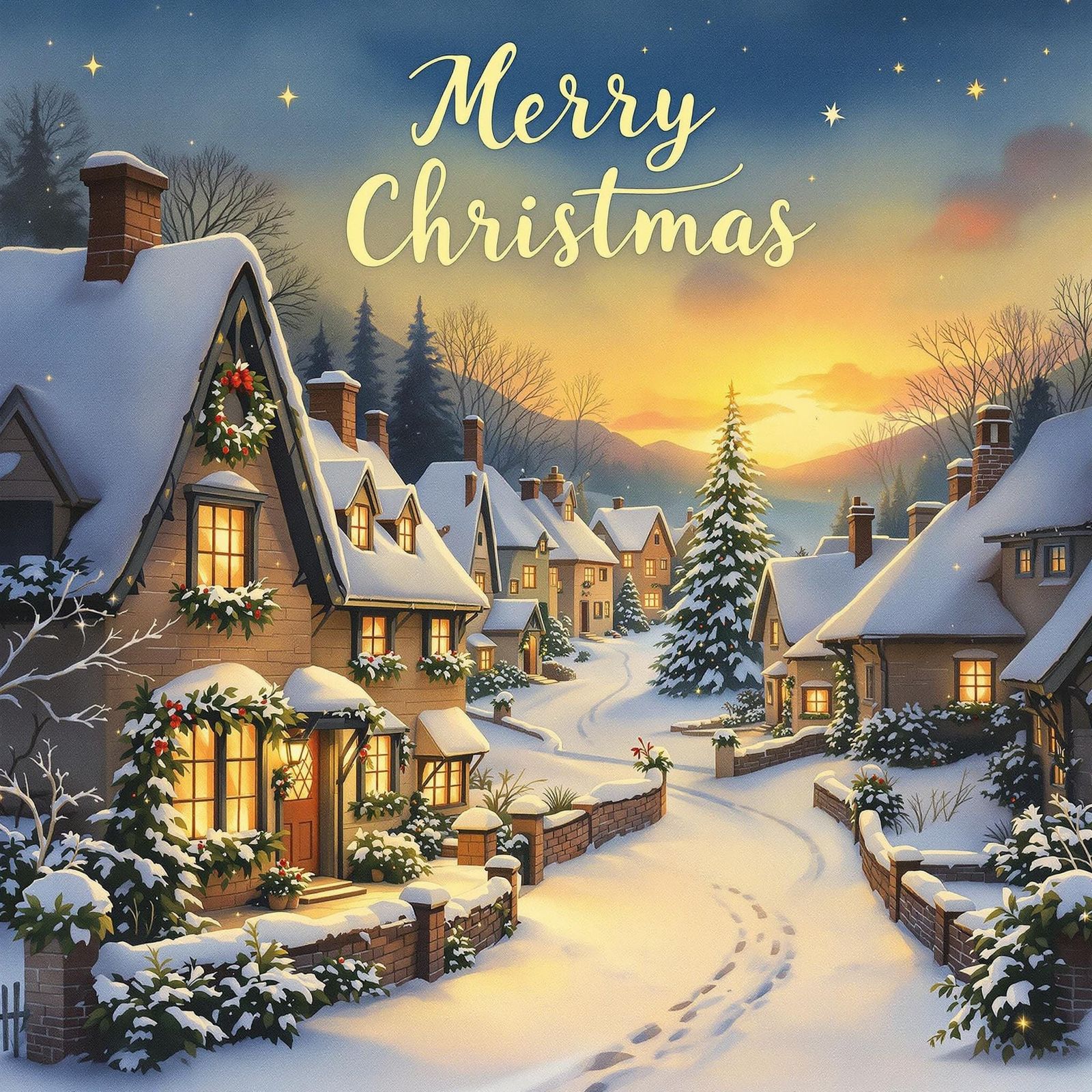 Whimsical Christmas Village in Watercolor Illustration Style