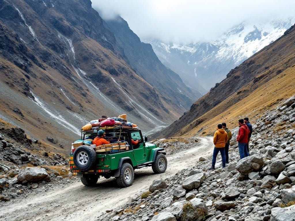 Jeep on Mountain Road in Misty Landscape