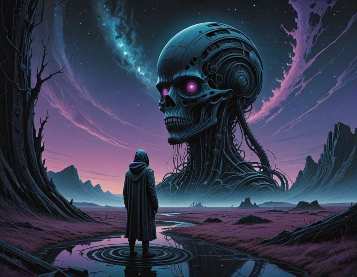 Lone Figure Whispers Secrets to the Cosmos in a Swirling Vor...