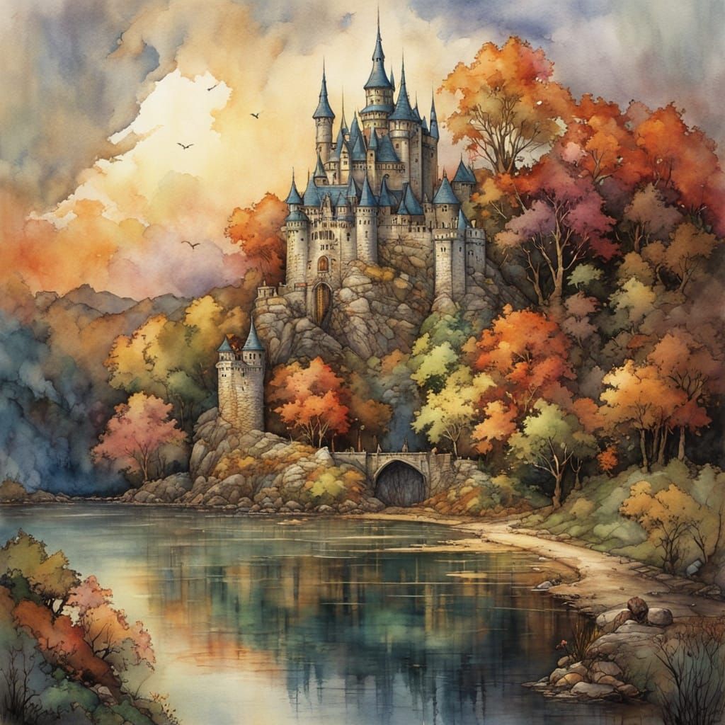 Whimsical Castle in Watercolor Style