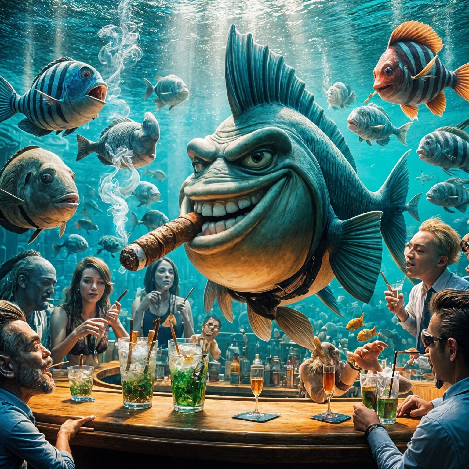 Fish Friends Enjoying a Night Out in a Vibrant Underwater Ba...