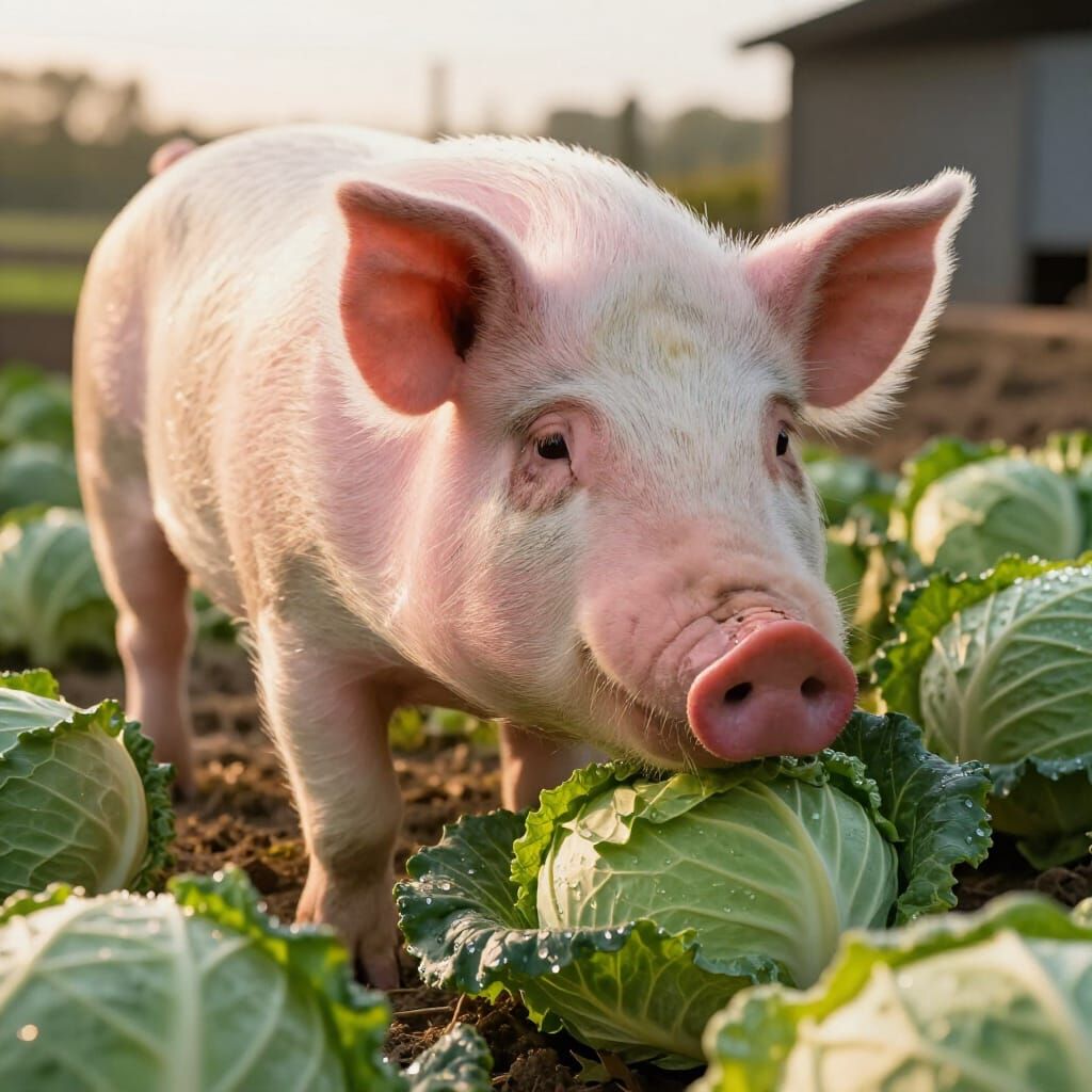 Hyperrealistic Berkshire Pig Eating Cabbage in Golden Hour L...