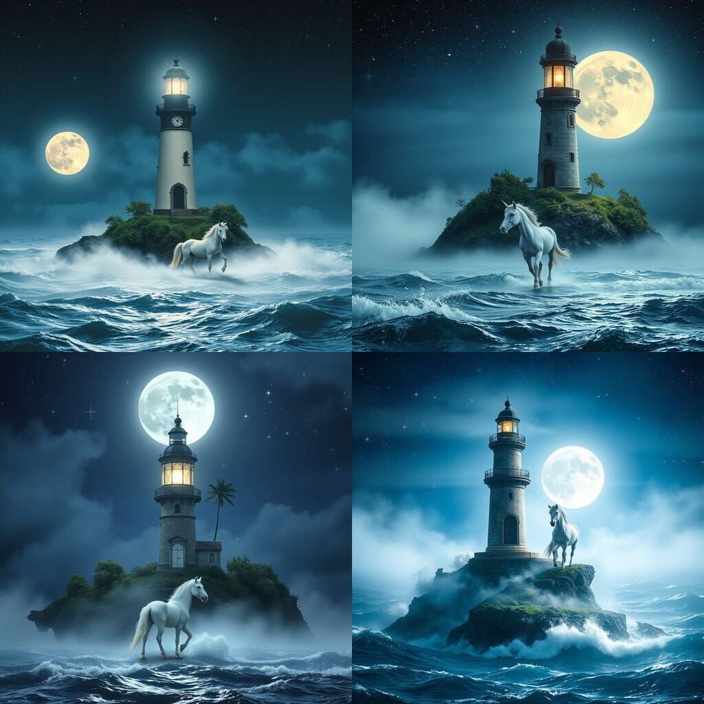 Moonlit Lighthouse and Unicorn on Lush Island