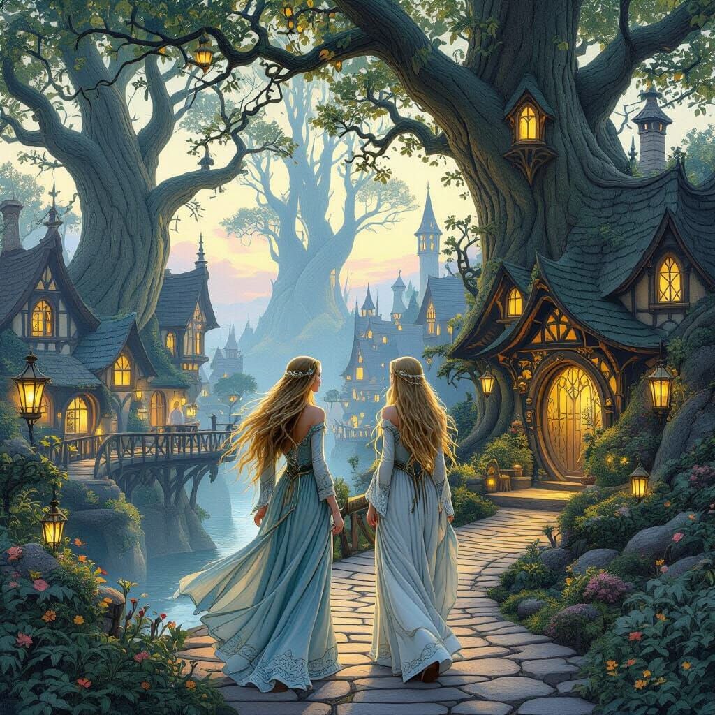 Enchanting Elven Village in Art Nouveau Style