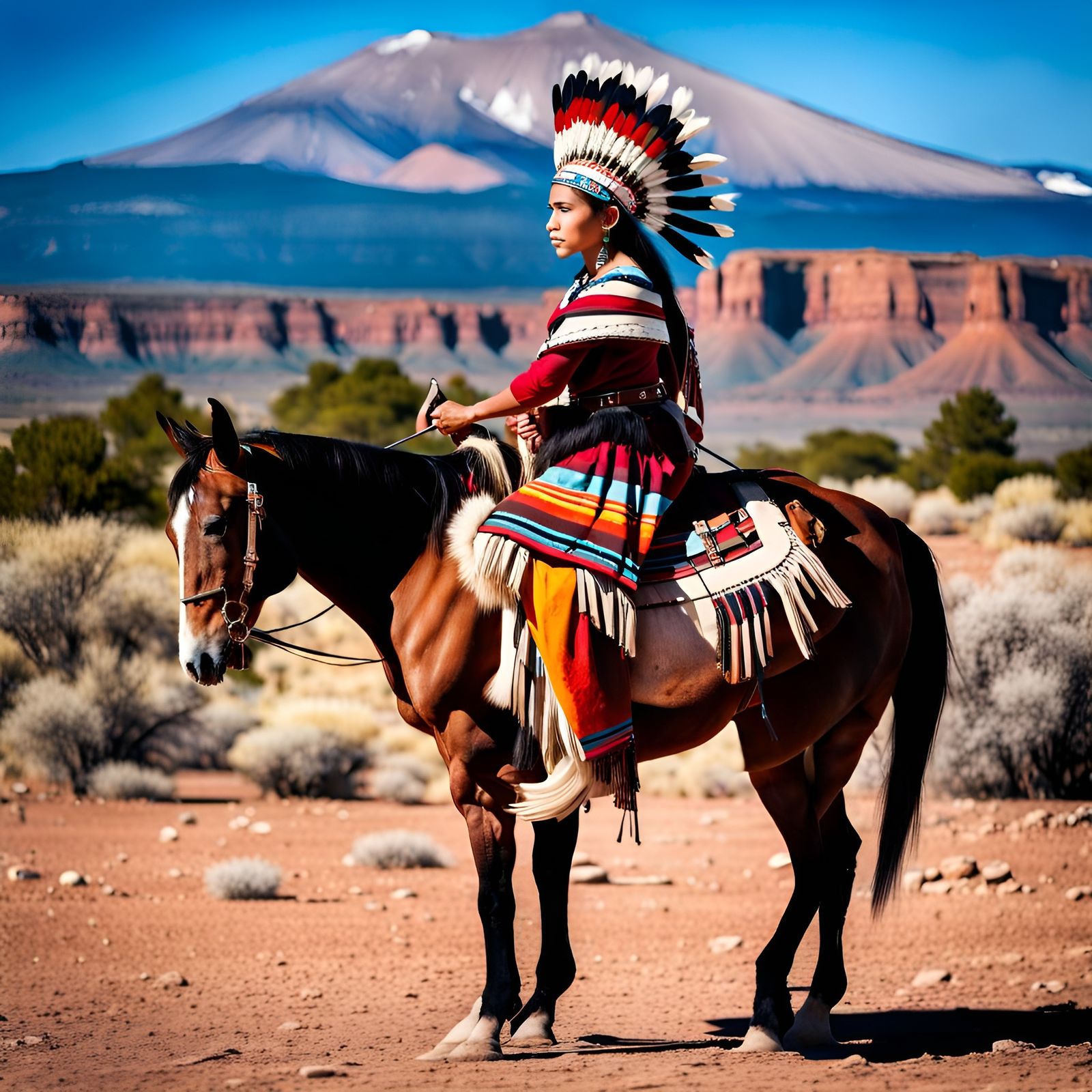 Hopi Girl on Horseback, Arizona Landscape