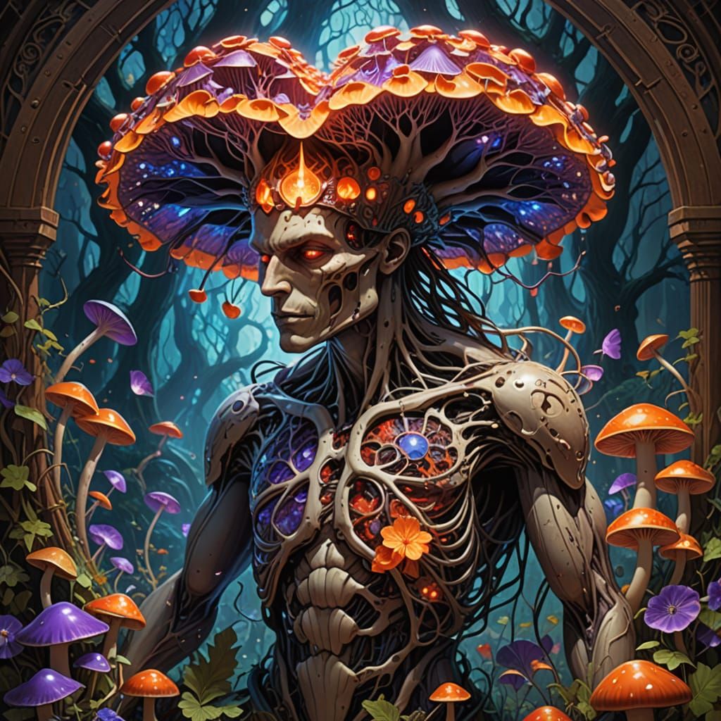 Surreal Heart Enveloped in Vibrant Mushrooms in a Psychedeli...