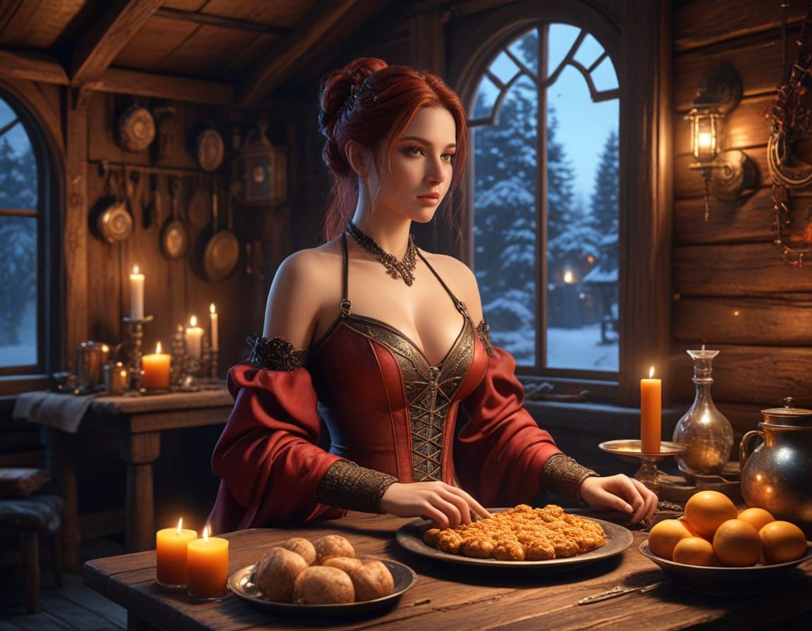 Fantasy Log Cabin Breakfast Scene in Luis Royo Style