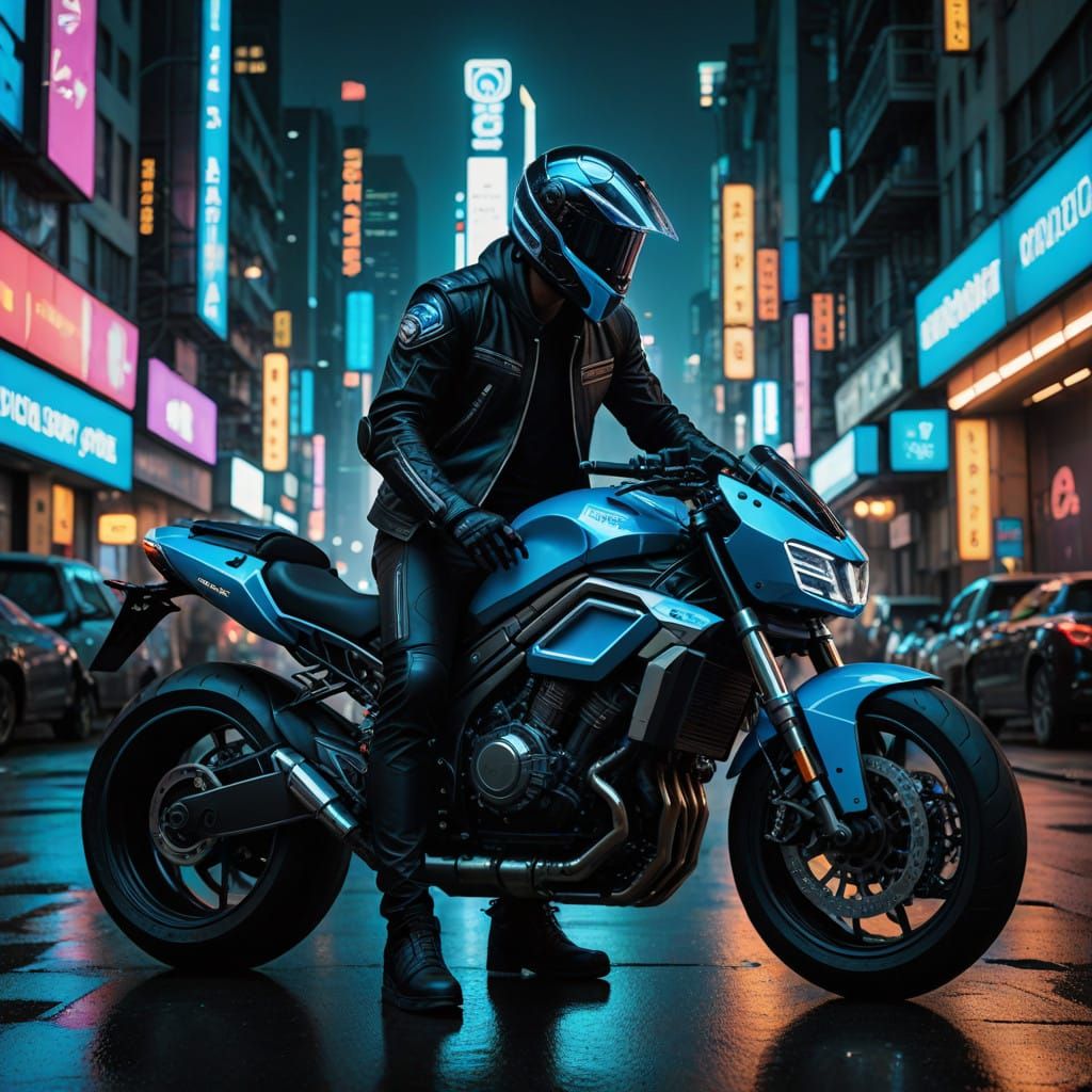 Cyberpunk Biker Soars Through a Futuristic City at Night