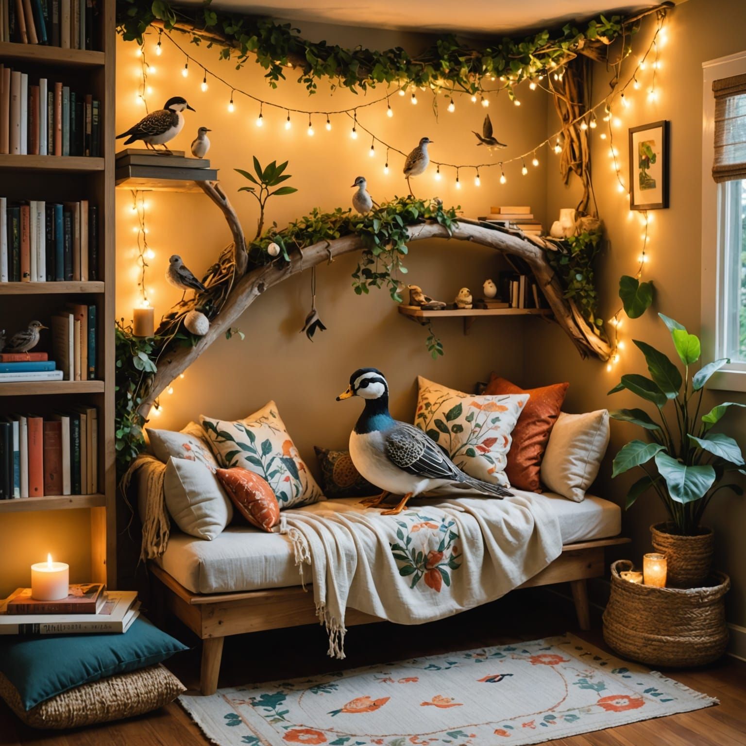 Quails in Cozy Reading Nook Tapestry