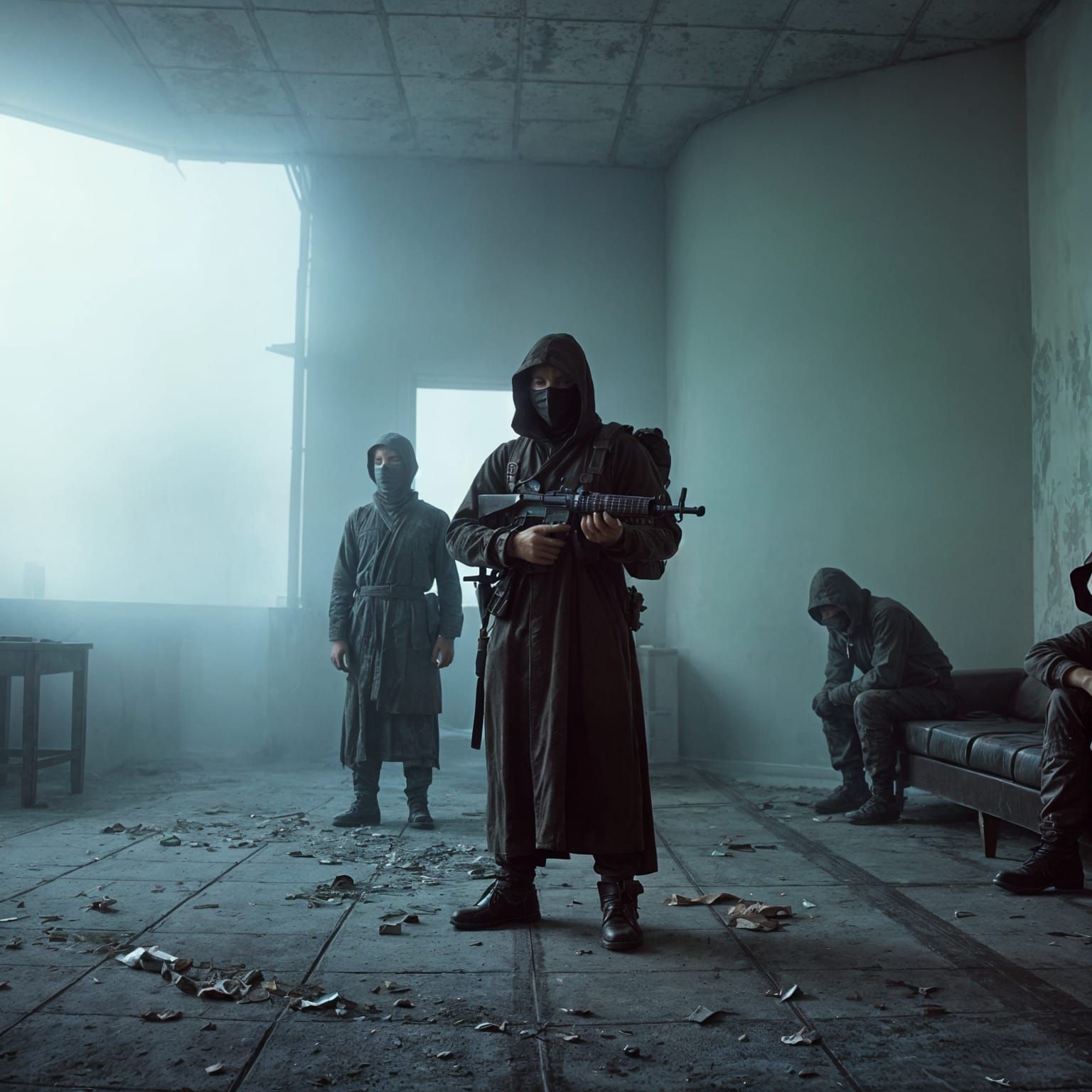 Dystopian Travelers in Abandoned Room: A Surreal Scene