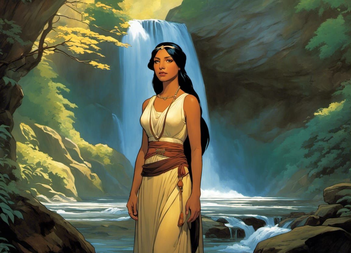 Pocahontas Under Waterfall in Art Nouveau Style