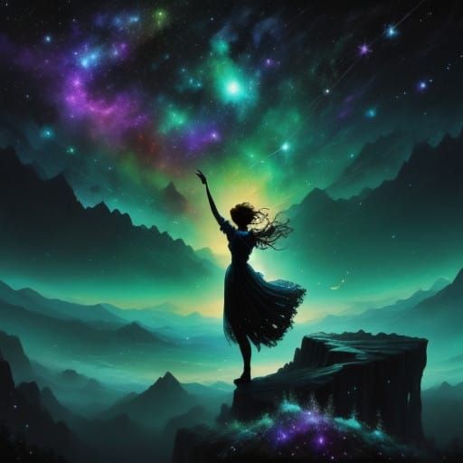 Dreamlike Watercolor Silhouette Contemplates Cosmic Wonders