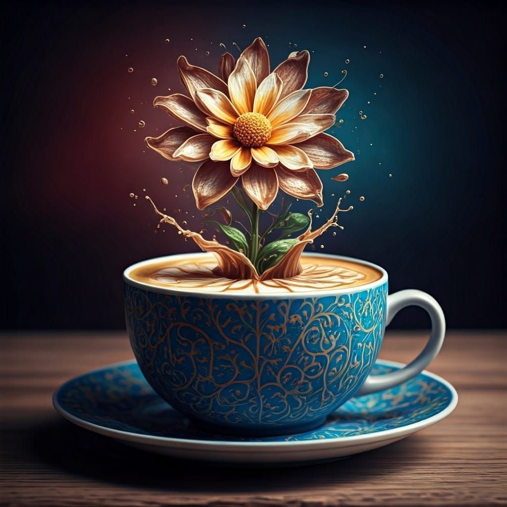 Latte Art: Ornate Flower in Hyperrealistic Style