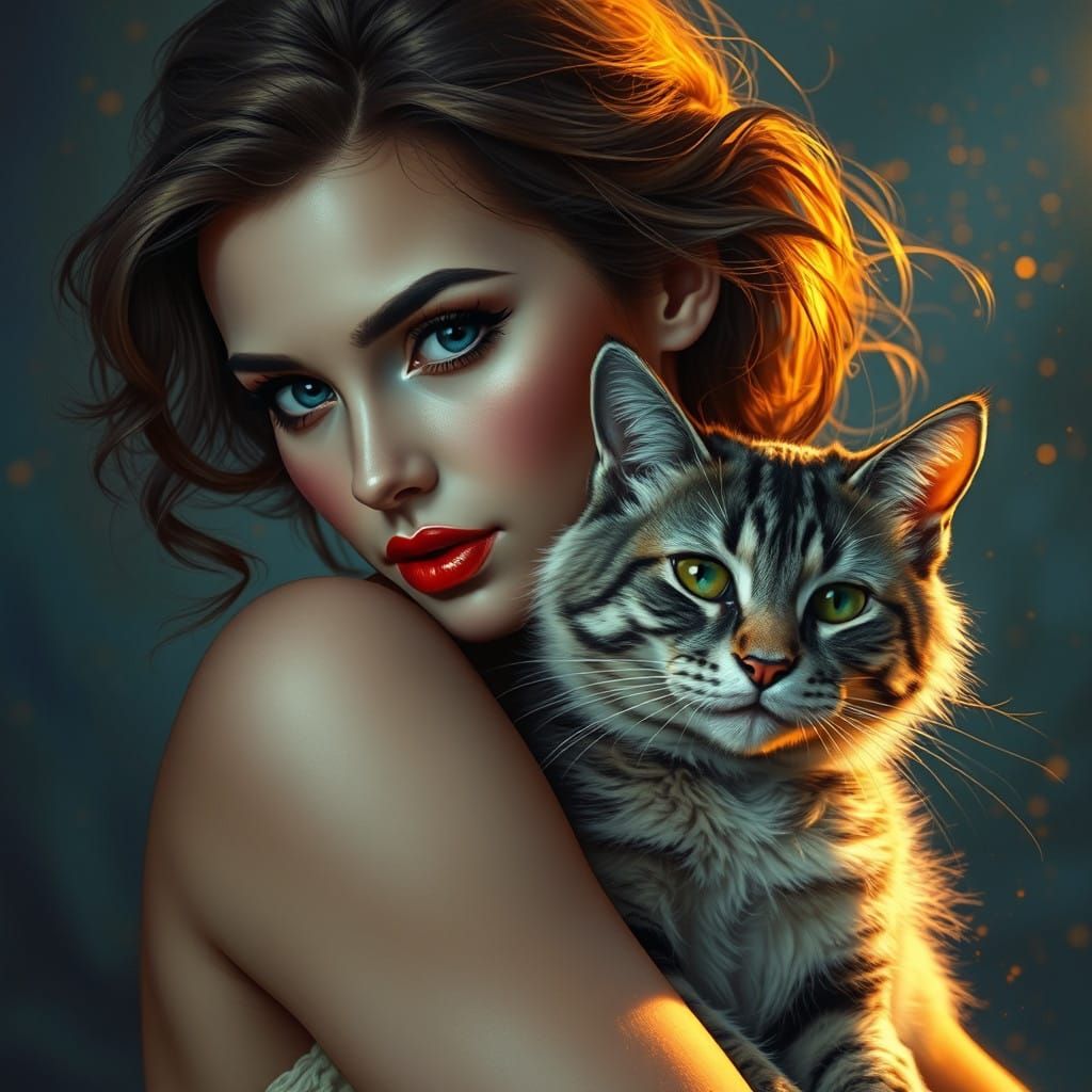 Woman and Cat Embrace in Warm Light