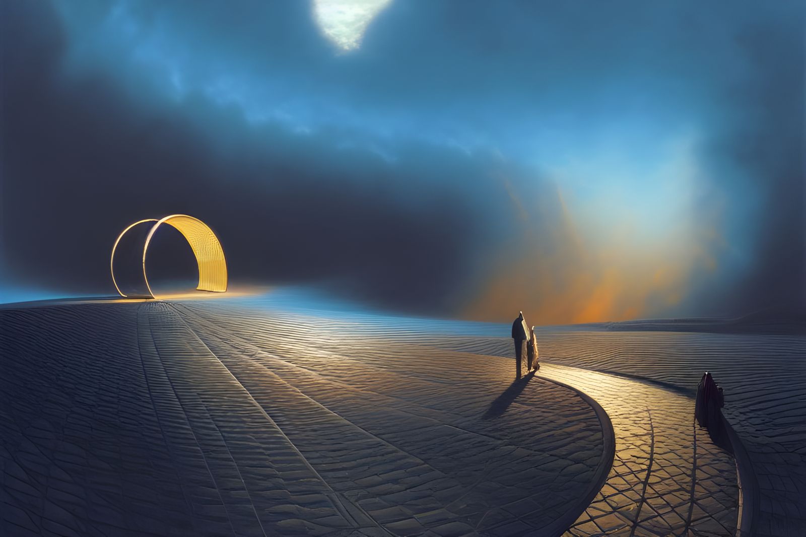 Surreal World Walkers on Metal Arch, 3D Render