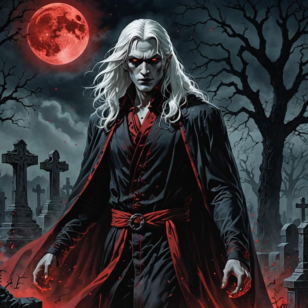 Youthful Vampire in Misty Graveyard, Gothic Comic Art