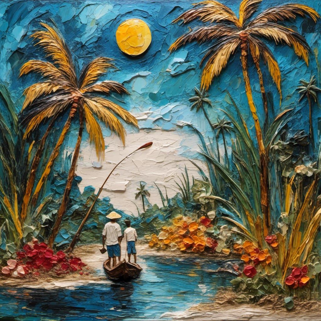 Moonlit Garden: Man and Dog Fishing in Bas Relief