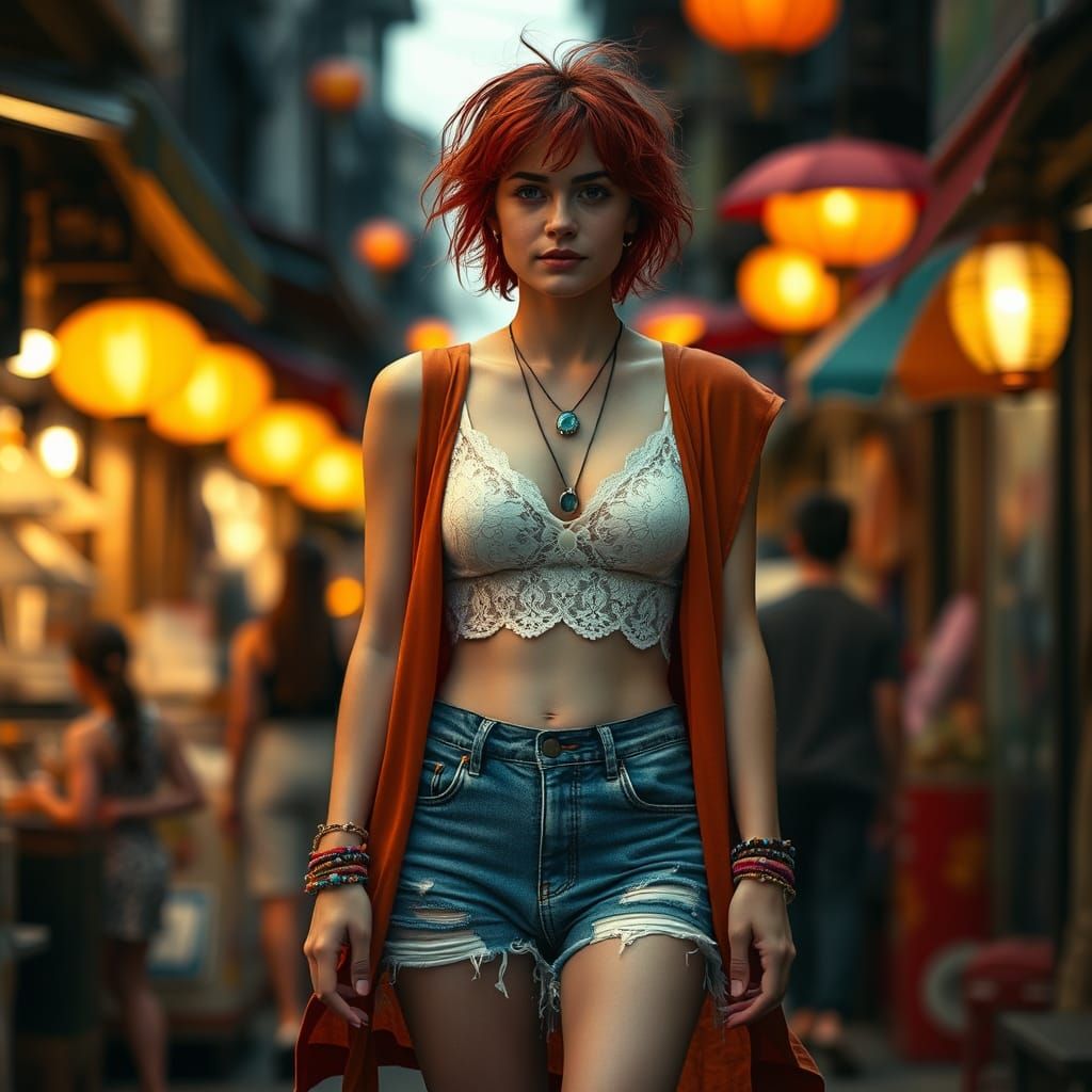 Bohemian Woman Strides Through Lively City Street