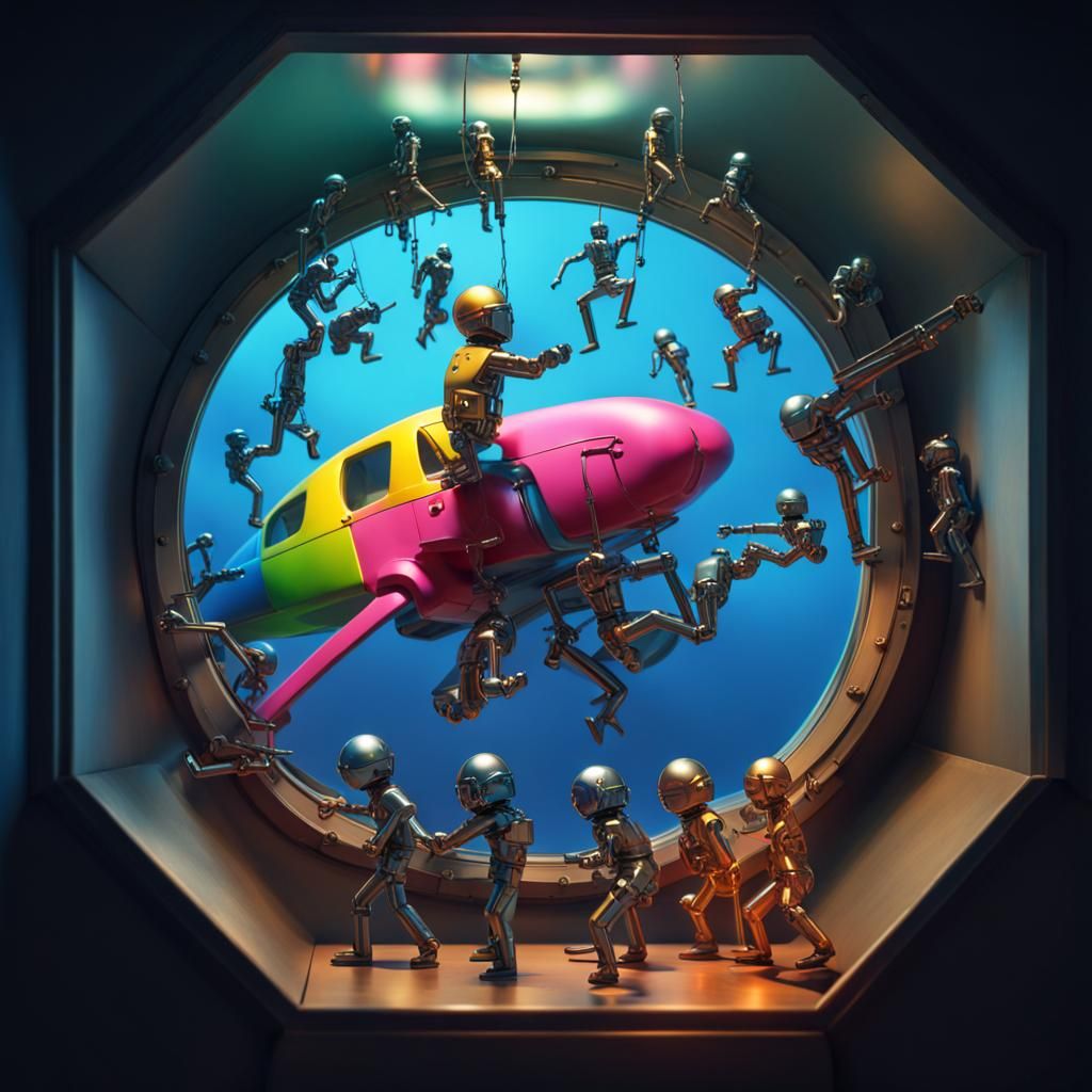 Tiny Metal Men Climb Through Window: 3D Render