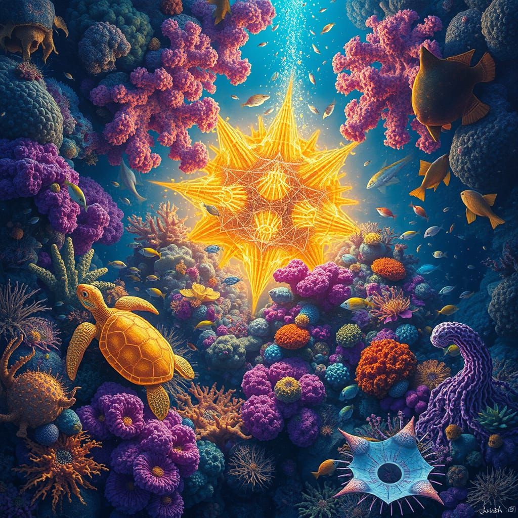 Luminous Coral Reef Ecosystem with Cosmic Centerpiece