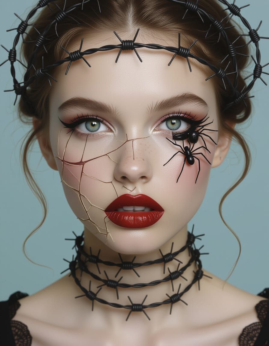 Barbed Wire Hair Girl With Spider Lashes And Porcelain Face