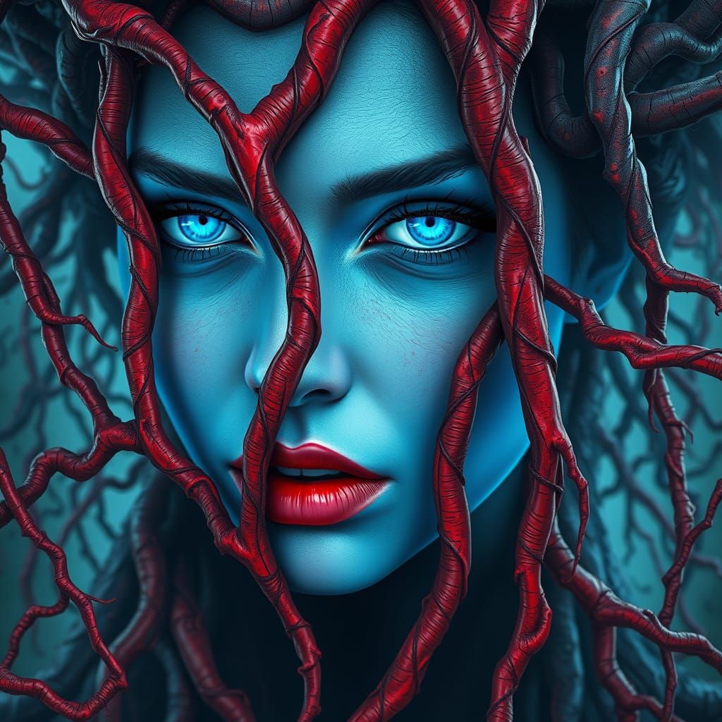 Surreal Goddess in a Twisted Roots Abyss