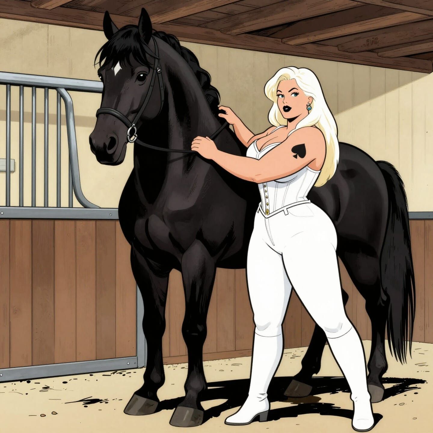 Ligne Claire Art: Woman and Stallion in Stable