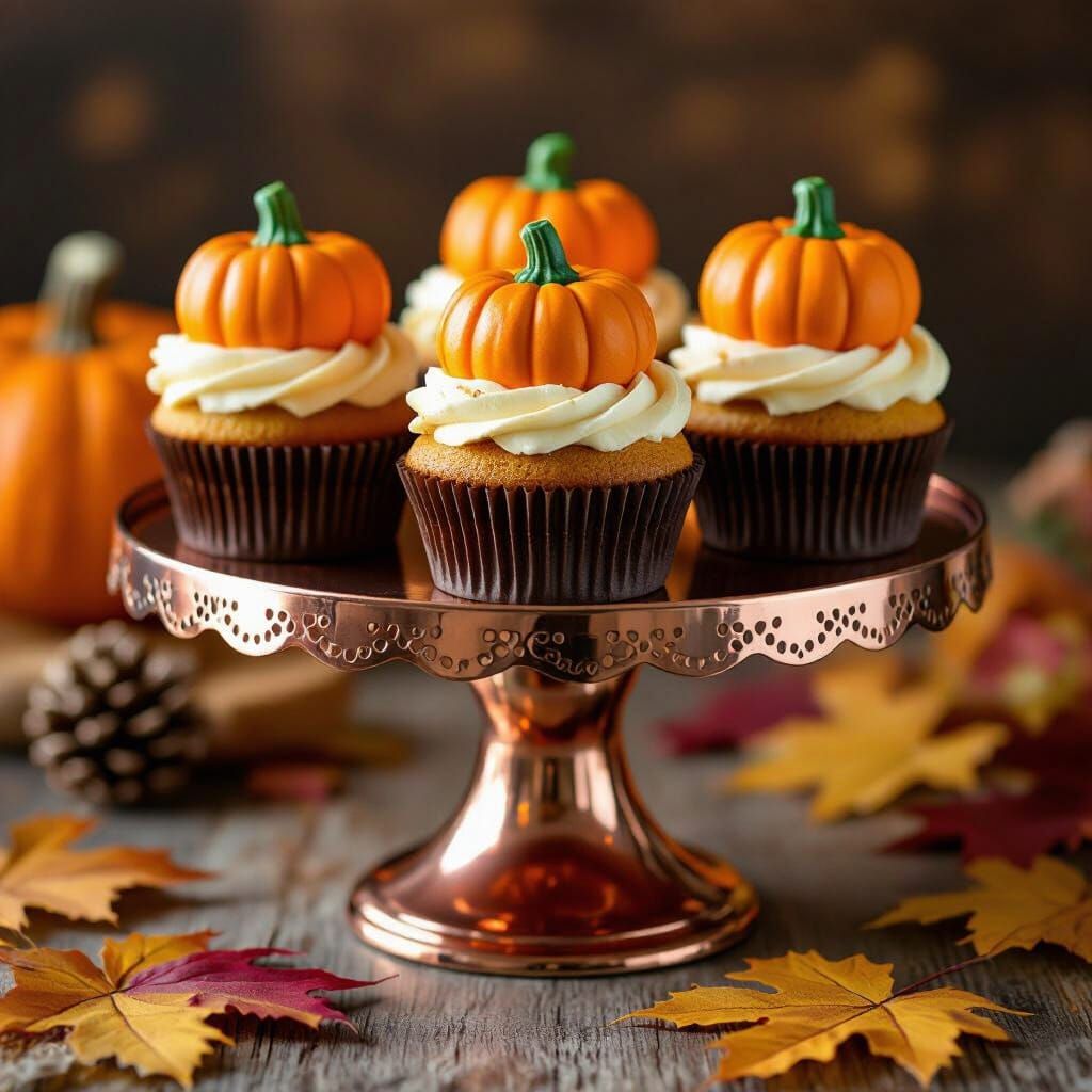 Fall Themed Pumpkin Cupcakes on Copper Stand