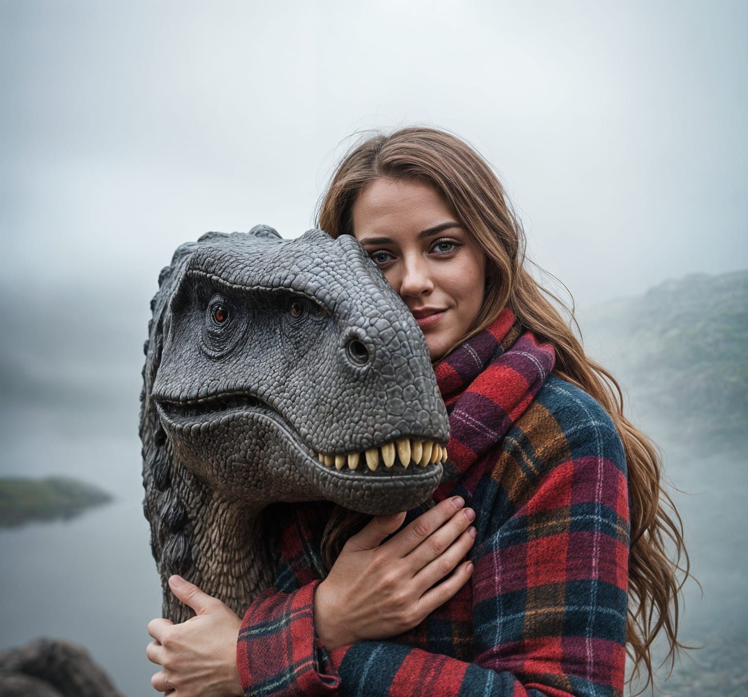 Woman Cuddles Dinosaur Head in Loch Ness