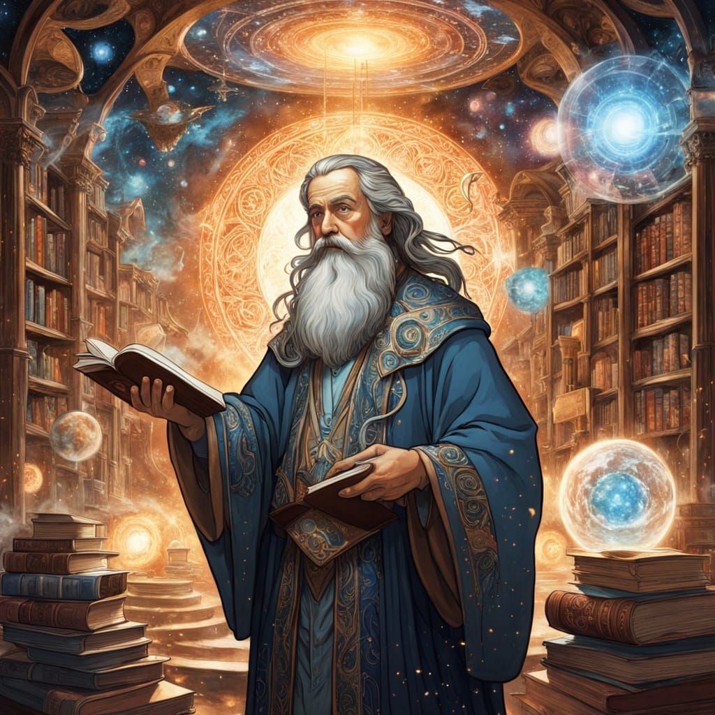 Wise Wizard in Celestial Library, Hyperrealistic Art