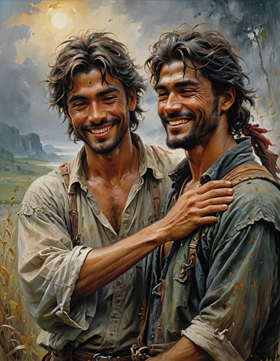 Men Smiling in Fog: An Oil Painting