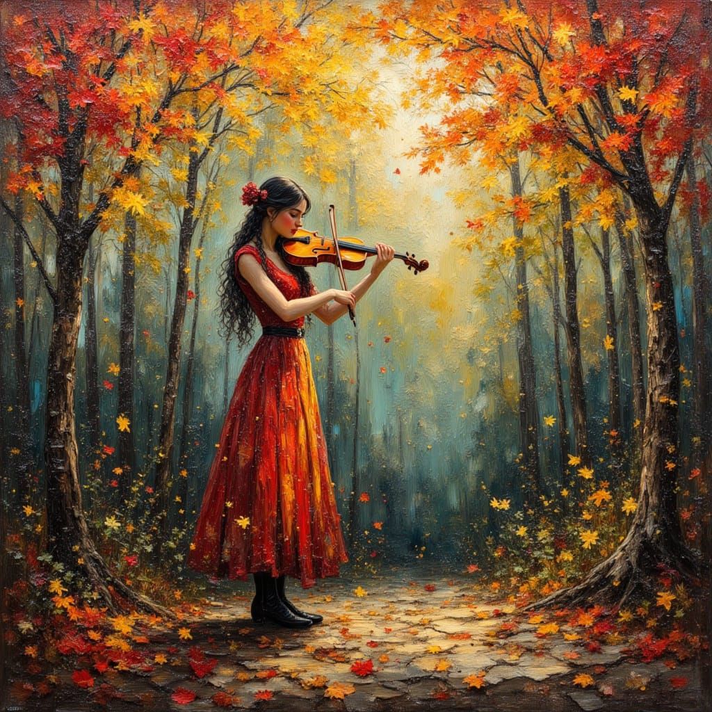 Violinist in Autumn Park: Impasto Oil Painting