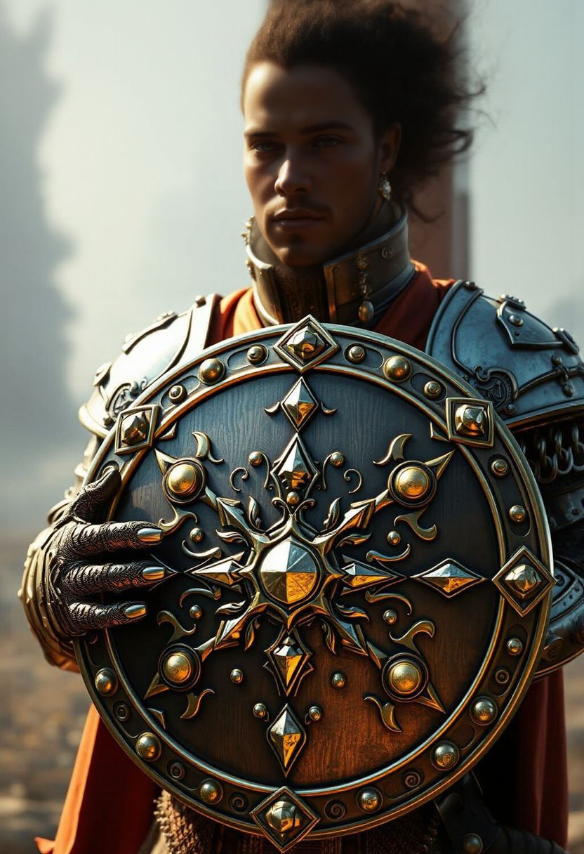 Medieval Knight Wields a Golden and Silver Shield