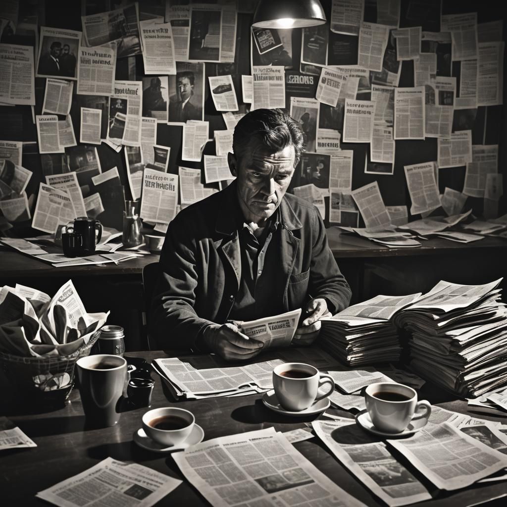 Noir Image of Man Reading Newspapers Intently
