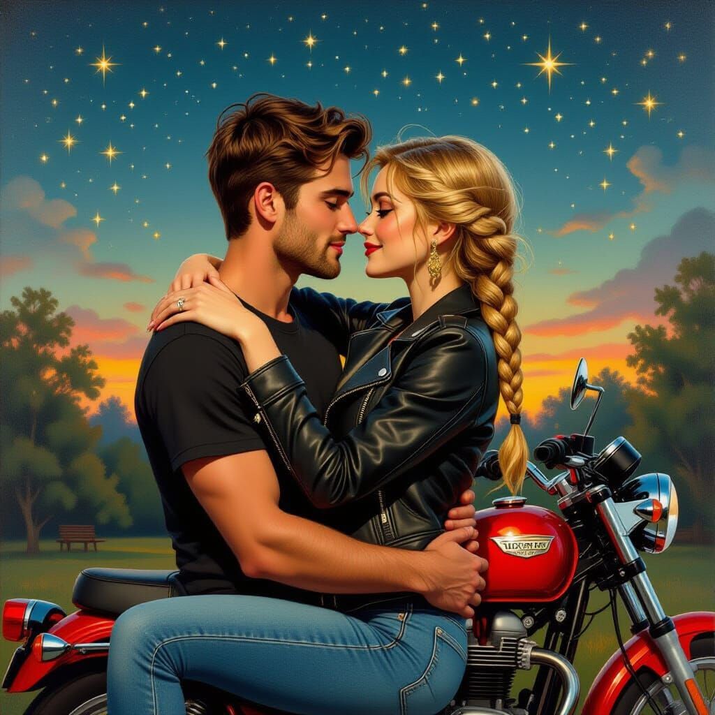 Romantic Embrace Under Starry Sky in Oil Painting Style