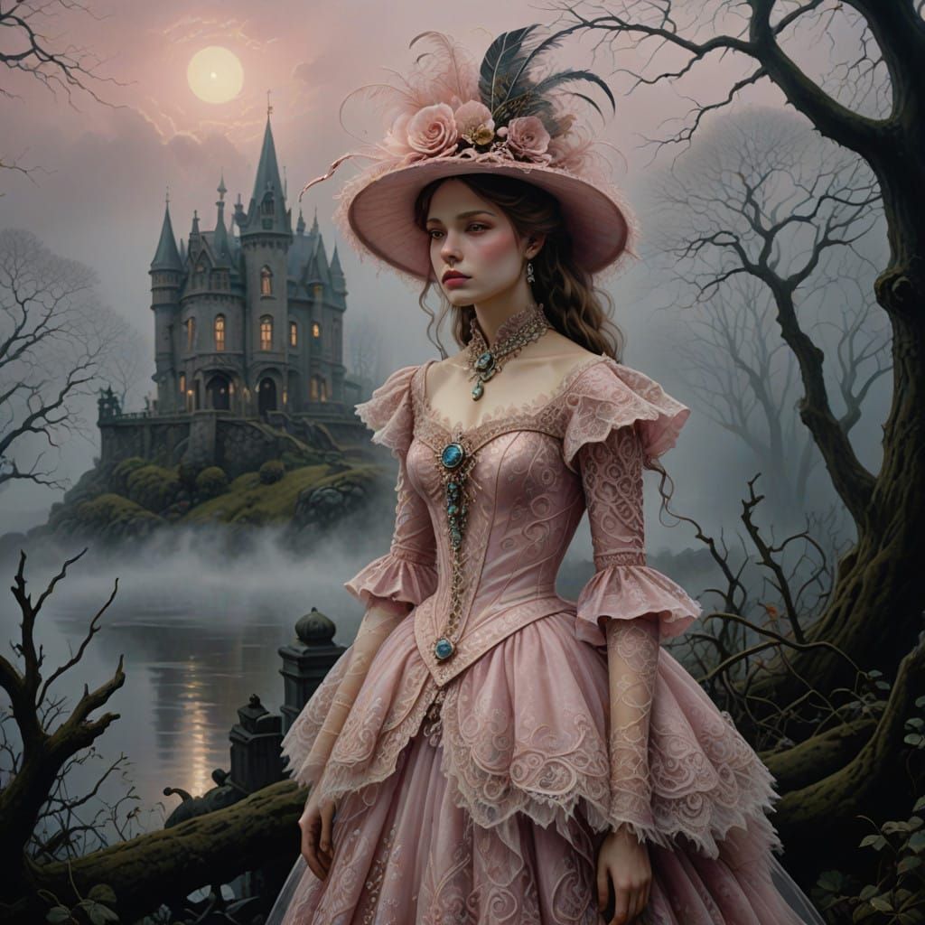 Ethereal Victorian Lady in Pink Gown and Hat Amidst Foggy Ni...