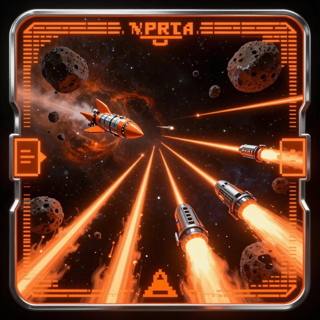 Retro Sci-Fi Space Battle with Orange Rockets