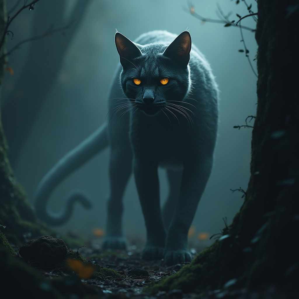 Mysterious Feline in Dimly Lit Fantasy Art