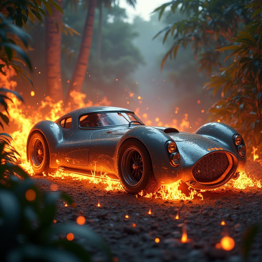 Super Car Meets Ironman in Blazing Jungle Landscape