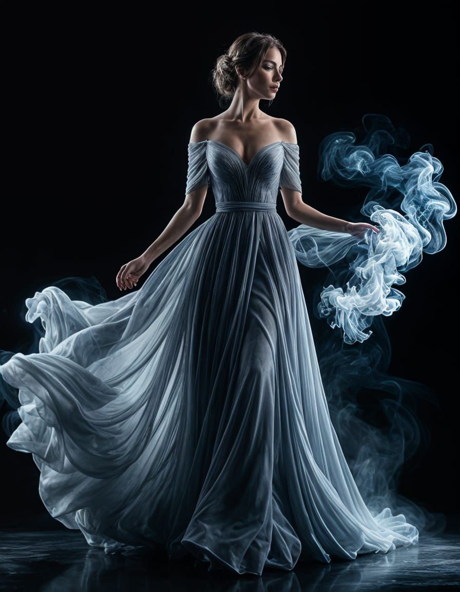 Woman in Flowing Smoke Gown: Hyperrealistic CGI Art