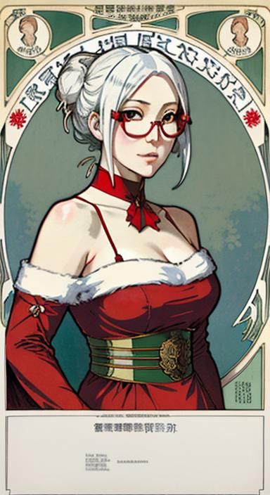 white hair in a bun, Meiko Shiraki from Prison School wearing glasses Santa Claus hat, upper body portrait, art nouveau ...