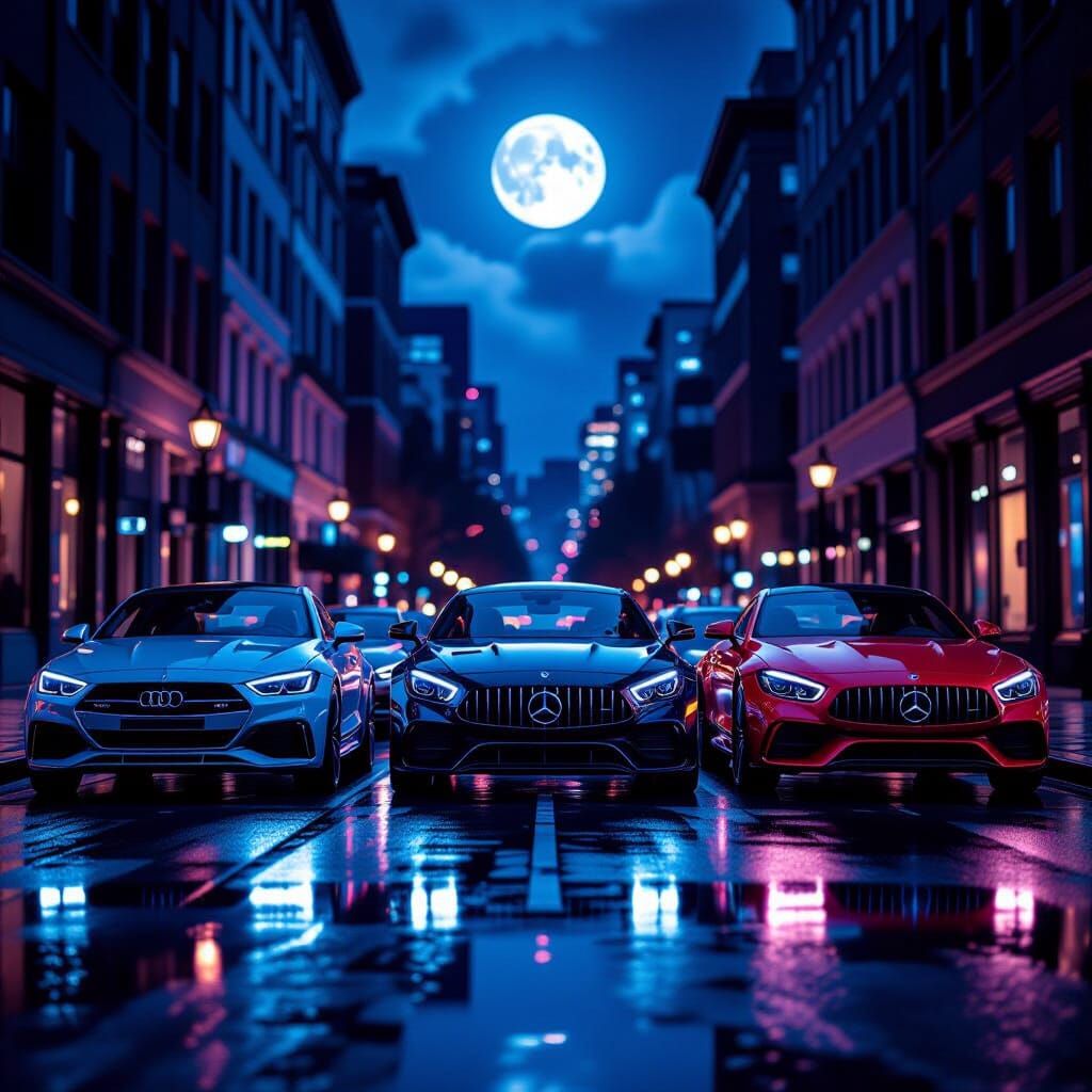 Luxury Cars Shine Under Moonlight in City Night