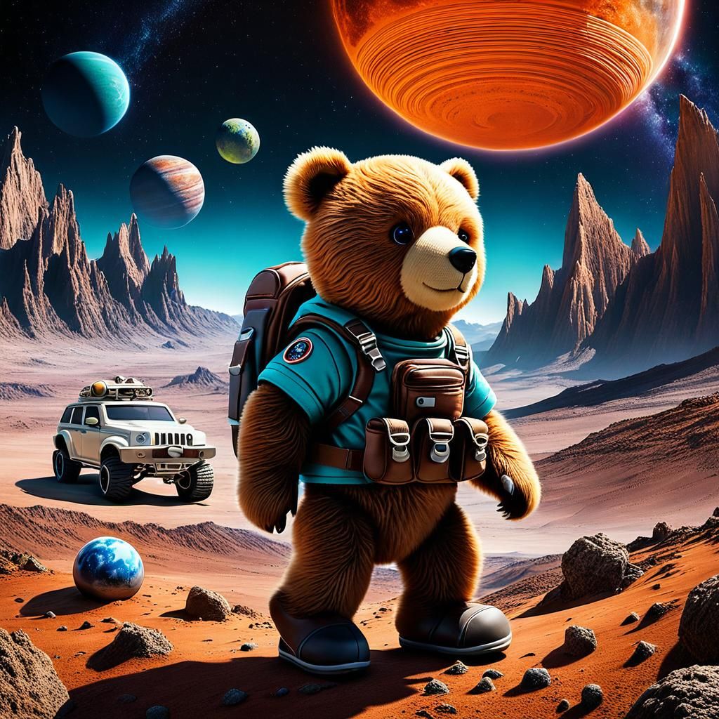 Teddy Bear Exploring Alien Planet with Rucksack