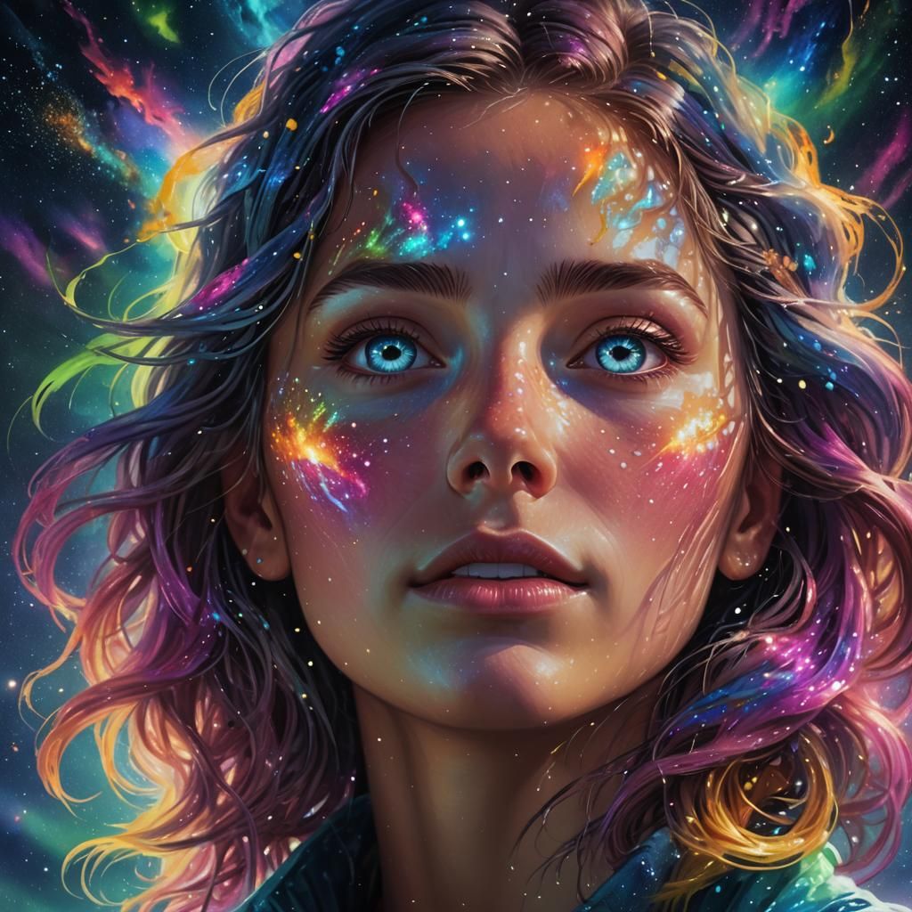Person Stares into Universe: Hyper-Realistic Splash Art