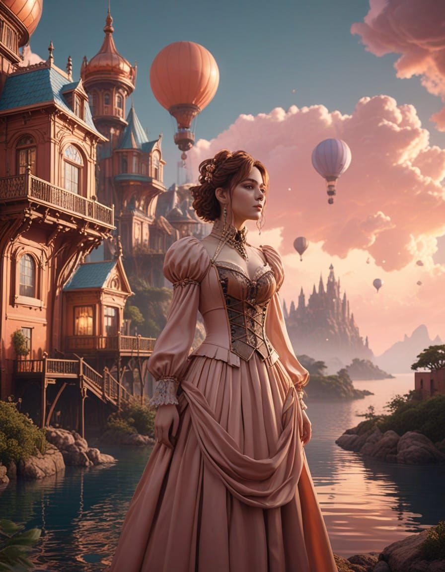 Victorian Aetherpunk Goddess Amidst Whimsical Floating Islan...