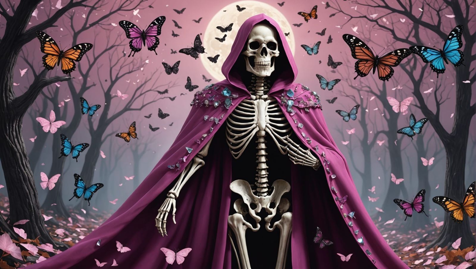 Halloween Skeleton in Pink Cloak with Crystals