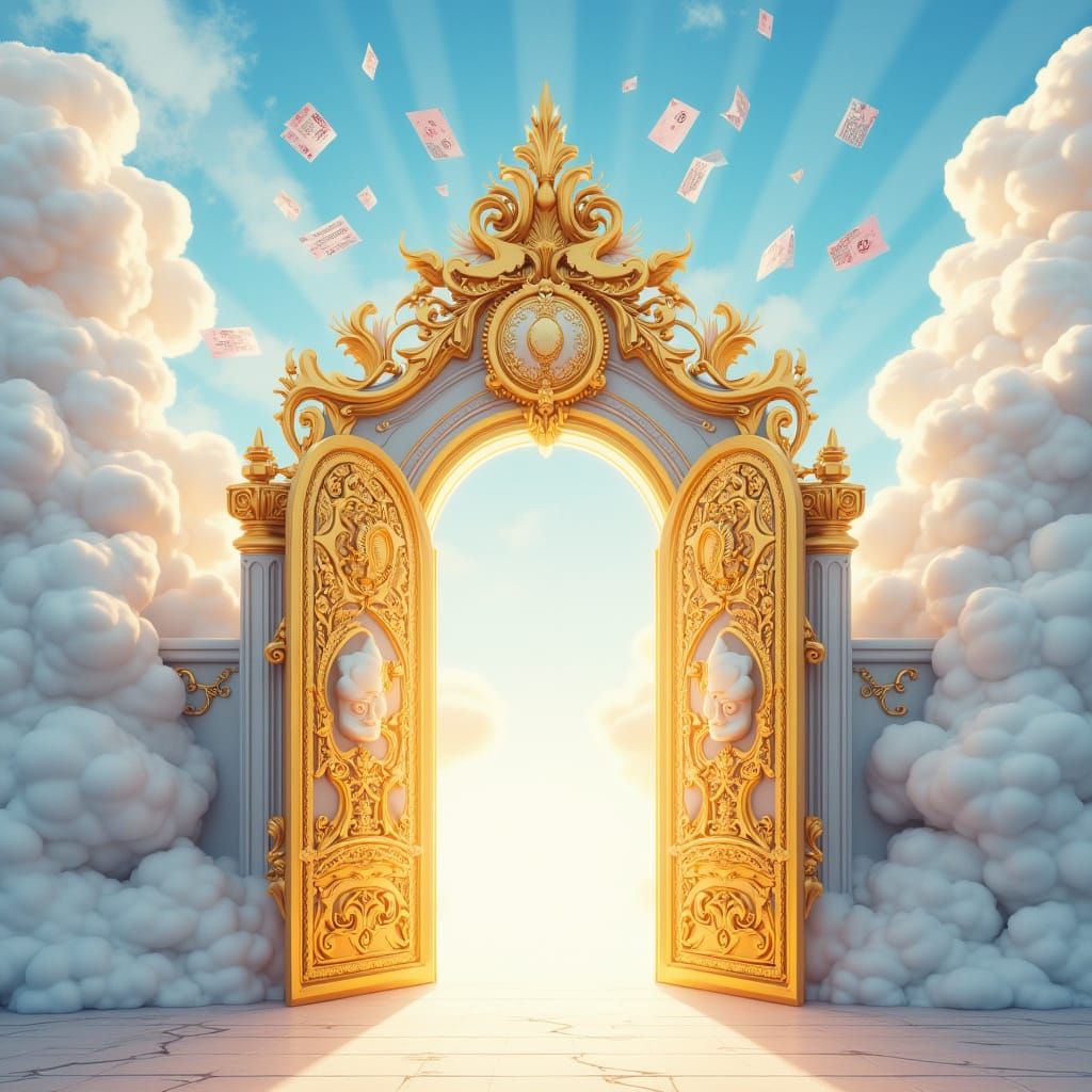 Golden Gate Opens Amidst Clouds with Musical Notes